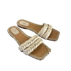 Zara Womens Leather Cow Leather Flat White Braided/Woven Square Sandals Size 40